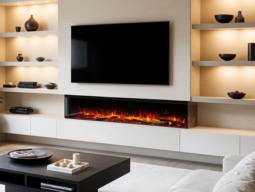 Media wall with mounted TV and electric fireplace